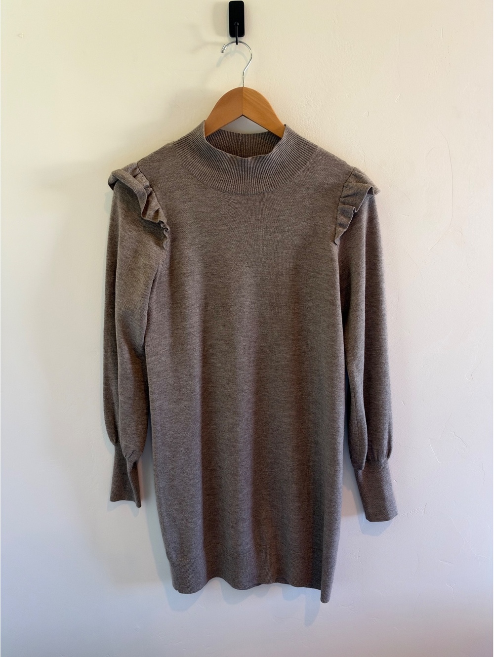 Joie Women’s Small Gray Ruffle Shoulder Mock Neck Sweater Dress